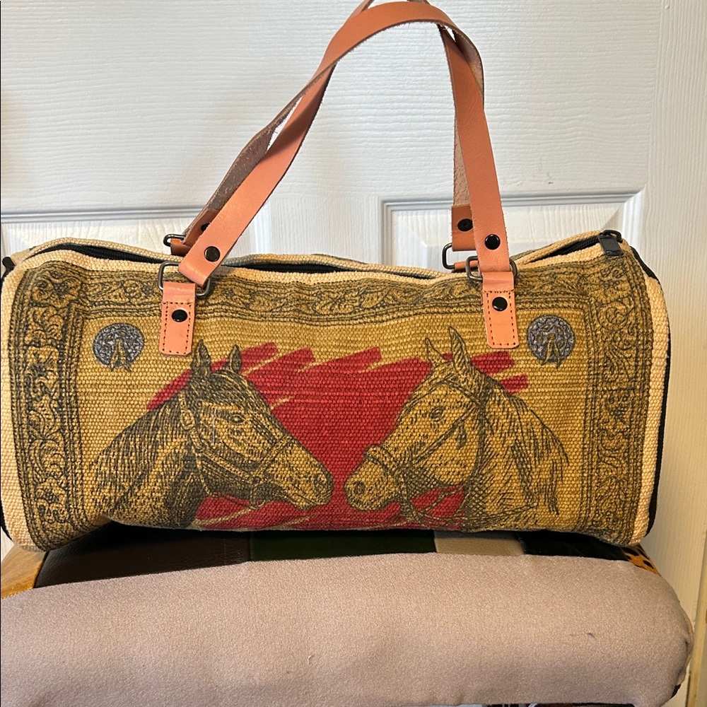 Equestrian Print Duffel Bag with Tan Handles